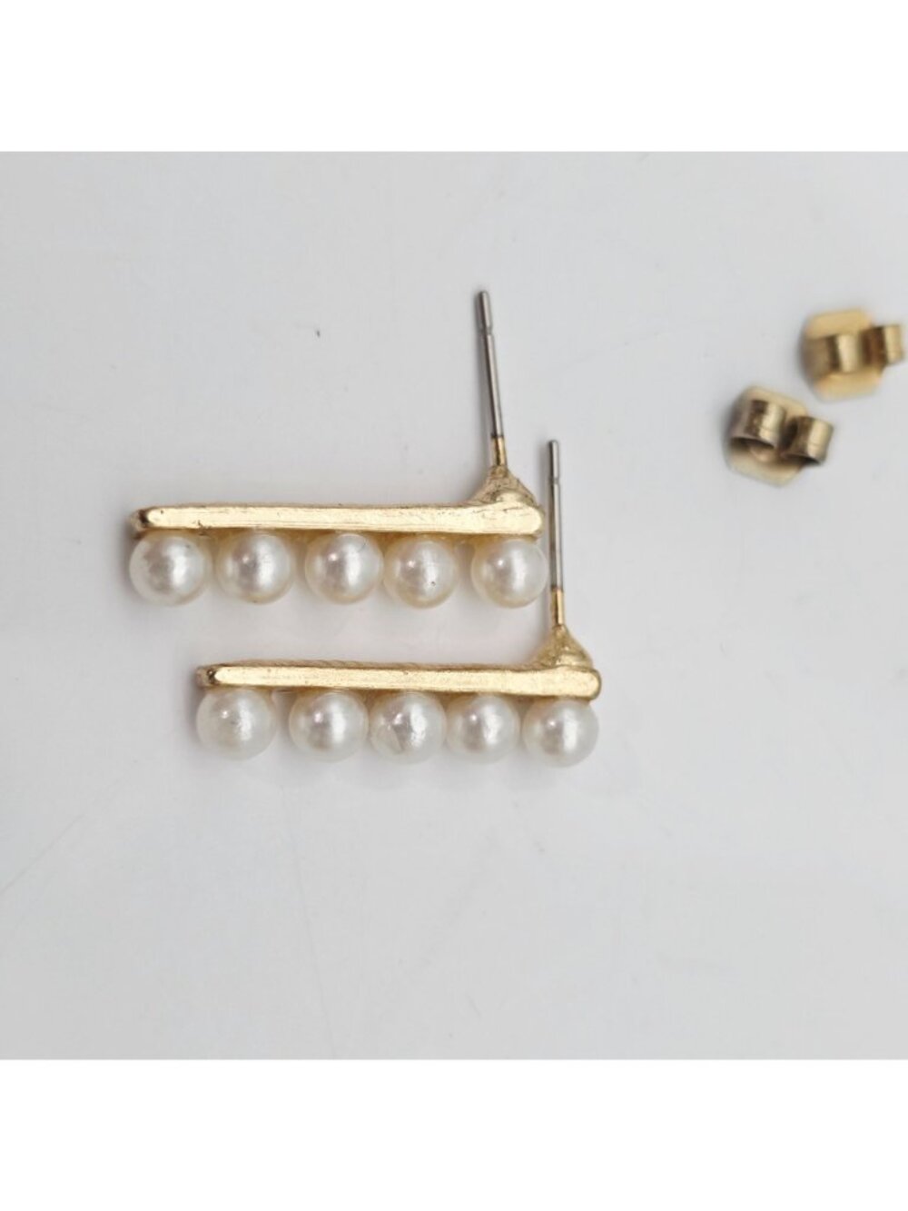 Gold-Tone Bar Earrings With Faux Pearl Accents Post Back Closure - Picture 5 of 5
